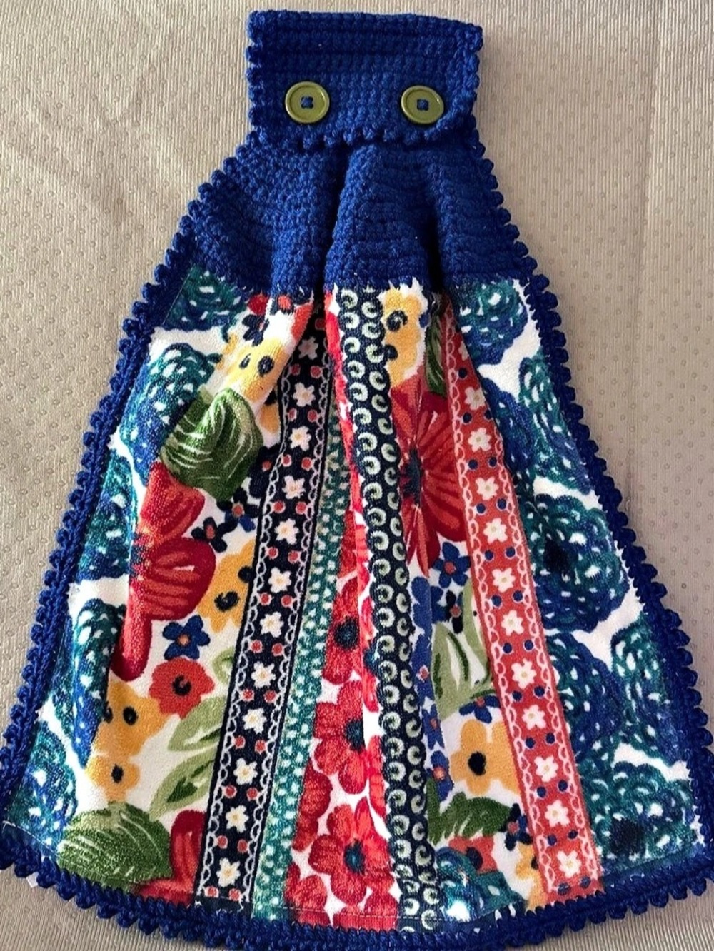 Artisan Handmade Crochet Hanging Kitchen Towel Cobalt Floral Ruffled